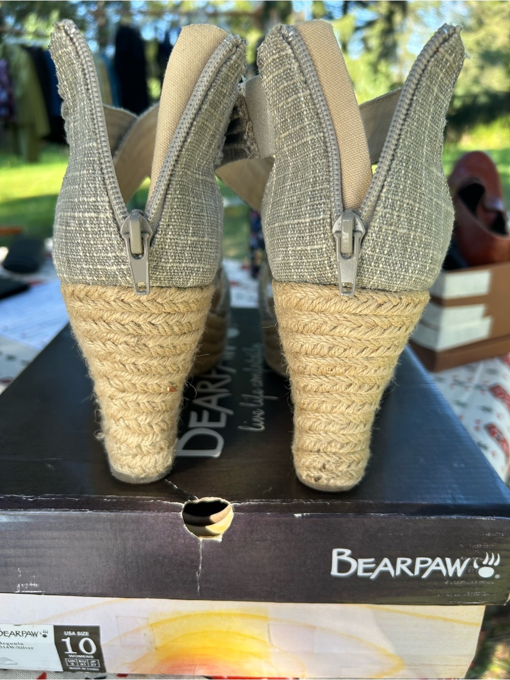 BearPaw Tan and Gray Espadrille Wedge Sandals